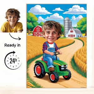 Karikatuur tractorchauffeur voor kinderen – leuk custom artwork met schuur en veld achtergrond Karikatuur boerderij tractor voor kinderen – custom cartoon portret