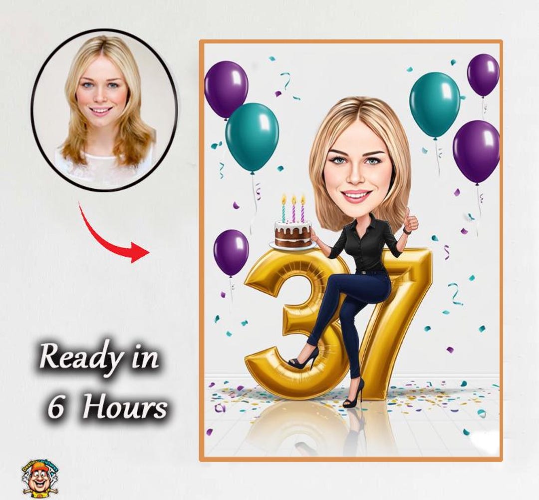 37th Birthday Caricature: Custom Cartoon Portrait Gift (digital) - Etsy