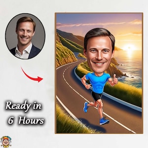 Benutzerdefinierte Läuferkarikatur - Lustiges digitales Porträt eines Jungen in athletischer Ausrüstung Jungen-Läuferkarikatur - benutzerdefiniertes Karikaturporträt in der Aktions-Pose mit