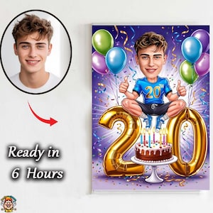 Aangepaste karikatuur 20e verjaardag – cartoonportret tienerjongen | Leuk digitaal cadeau voor hem | Gepersonaliseerde verjaardagskunstwerk 20 verjaardagscadeau voor