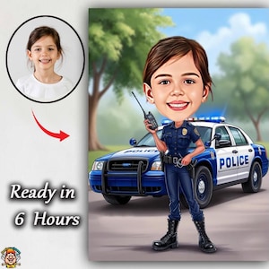 Niedliche Karikatur einer Polizistin – Kind als Polizist verkleidet im Cartoon-Stil – lustiges Geschenk für Mädchen, die die Polizei lieben