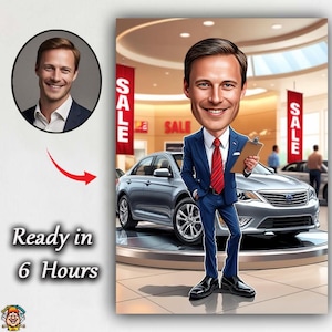 Car Salesman Caricature – Custom Cartoon Portrait in Dealership Showroom with Cars Car Showroom Caricature – Unique Portrait for Car Dealers
