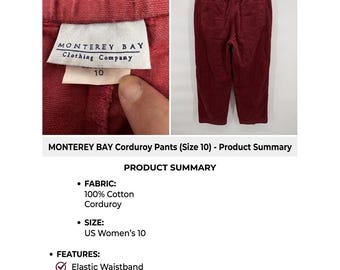 Vintage Monterey Bay Red Corduroy Pants 10 Elastic Waist High Rise Gorpcore