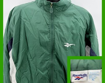 Chaqueta cortavientos Reebok Vector VTG de los 90, talla XL, verde, blanco, azul marino, bloques de color, cremallera.