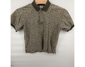 Polo de pesca vintage Columbia para hombre, talla M, AOP, estampado integral, flotador, color oliva, algodón.