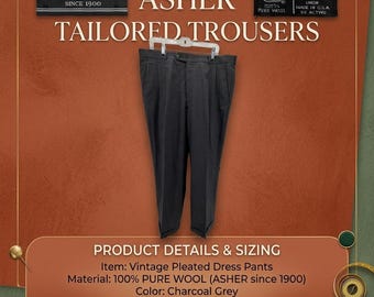 Pantalones de vestir de lana vintage ASHER para hombre, talla 38x29, gris carbón, plisados, con puños, fabricados en EE. UU.