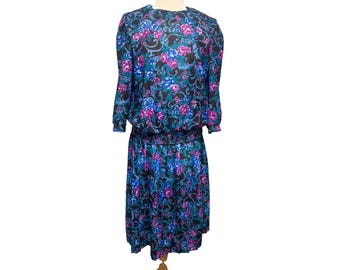 Vintage Frejani Floral Dress Set 80s Pleated Skirt Blouse 2pc Teal Purple Sz 14