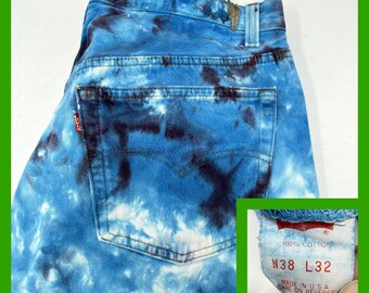 Levi's 501 vintage, fabricados en EE. UU., para hombre, talla 38x32, vaqueros vaqueros de mezclilla con teñido anudado y lavado ácido.