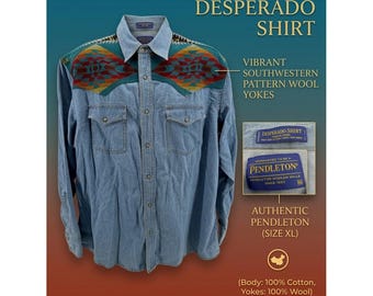 VTG Pendleton Desperado Denim Western Shirt XL Wool Yoke Southwestern Aztec Blue