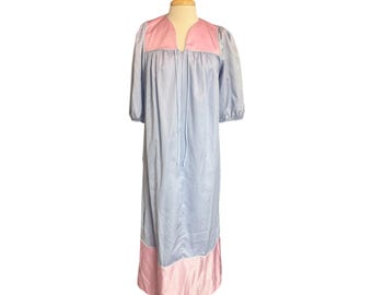 Komar Nightgown Women Small Blue Pink Vintage Zip Front Burlington Silky 8802