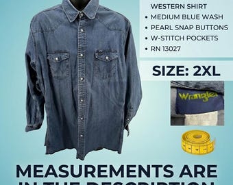 Camisa vaquera Wrangler estilo western vintage de los años 90 para hombre, talla 2XL, cierre de botones de perla, color azul, ropa de trabajo, artículo raro.