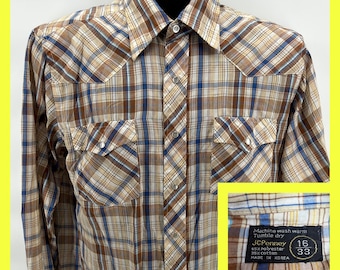 Camisa vaquera vintage de JCPenney para hombre, talla 16 33, botones de perla, cuadros, marrón y azul, estilo vaquero de los años 70 y 80.