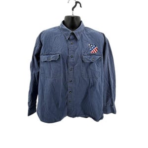 Camicia a maniche lunghe da uomo Cabela's, taglia XL, blu, in tela, con toppa a forma di aquila e teschio.