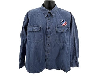 Cabela's Button Down Shirt Mens XL Blue Canvas Eagle Skull Patch Long Sleeve