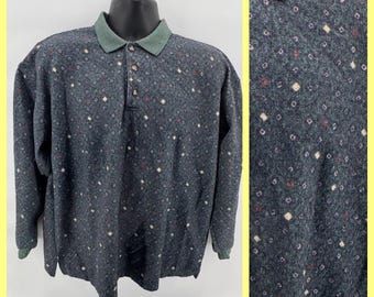 Vintage 90s Essential Blues Geometric Fleece Polo - Men's Large