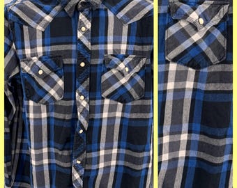 VTG Roebuck & Co Western Flannel Shirt Mens M Blue Plaid Pearl Snap Cotton Yoke