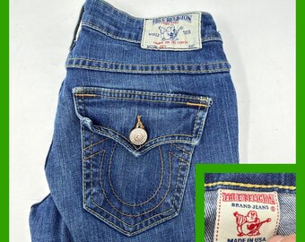 Jeans acampanados True Religion Joey para mujer, color azul denim, talla 26, hechos en EE. UU., tiro bajo.