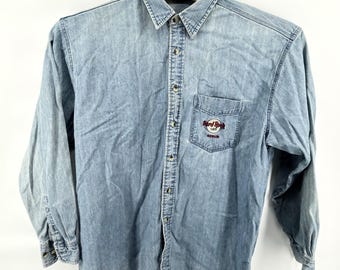 Vintage Hard Rock Cafe Berlin Denim Shirt Mens XL Light Wash Long Sleeve 90s