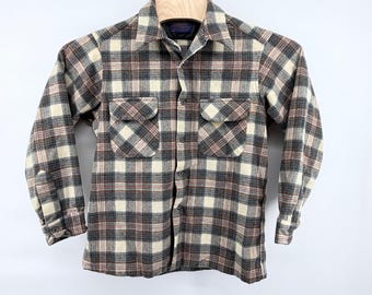 Vintage Pendleton Board Shirt Mens Large Gray Brown Plaid 100% Wool USA Made