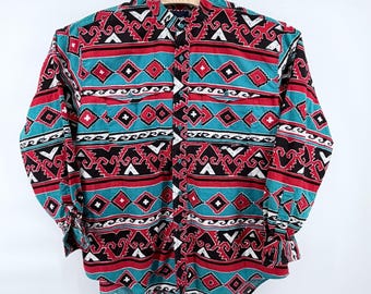 Vintage 90s Wrangler Aztec Southwestern Band Collar Western Shirt Mens XL USA