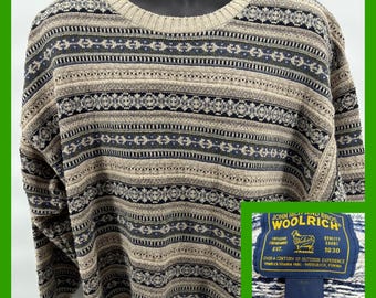 Suéter vintage Woolrich para hombre, talla L, azul, con estampado geométrico Fair Isle, hecho en EE. UU.