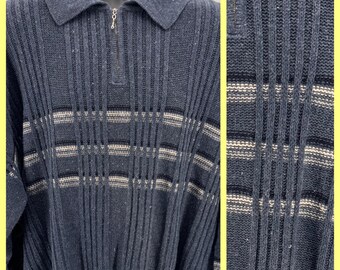 VTG Pazzo Sweater Mens 3X Blue Vertical Striped Quarter Zip Ramie Cotton 90s