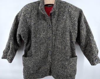 Vintage Ferncroft Womens Tweed Wool Coat Jacket Herringbone Made USA Red Lined