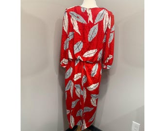 Vintage Lori Max New York Feather Print Dress Plus Size 18 1/2 Red Blouson 80s