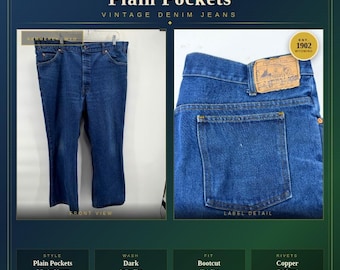 Jeans de corte bota Vintage Plain Pockets Golden Rule, color índigo oscuro, tiro alto, color cobre.