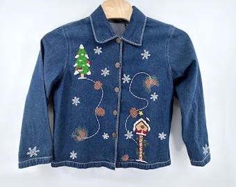 Vintage NorthCrest Denim Jacket Womens XL Christmas Embroidered Tree Cardinal