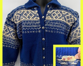 Cardigan in lana lavorato a mano VTG Turi Norway, blu e bianco, in peltro nordico, taglia L