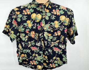 Goouch Button Down Shirt Mens XL Black Fruit Botanical Print Rayon Vintage 90s