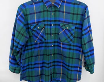 Vintage Saugatuck Flannel Shirt 2XLT Lined Heavyweight Blue Green Plaid Big Tall