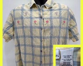 Vtg Bobbie Brooks Floral Embroidered Plaid Shirt L 12/14 Yellow Cottagecore Top