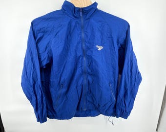 Vintage Reebok Windbreaker Jacket Large Blue 90s Nylon Full Zip Vector Logo Hood