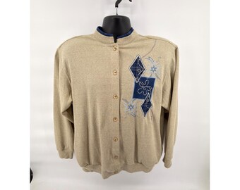 Alfred Dunner Vintage Cardigan Sweater Women's Med Tan Blue Embroidered Flowers