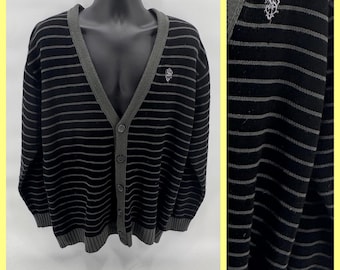 Vintage Southpole Striped Cardigan Sweater Mens XL Black Gray Y2K Grunge Skater