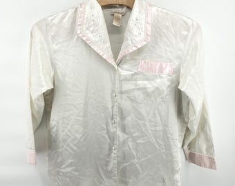 Vintage Delicates Satin Pajama Top Large White Pink Embroidered Button Sleep