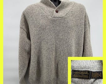 Vtg 80s Eddie Bauer Wool Blend Sweater Mens XL Made in USA Grey Button Neck 1/4