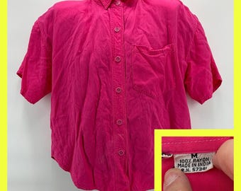 Vintage 90s Cotton Express Pink Rayon Button Back Shirt M Boxy Cropped Fuchsia