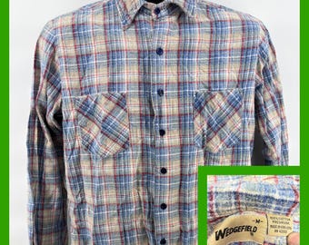 Camisa de franela vintage Wedgefield para hombre, talla M, a cuadros, azul y rojo, algodón grueso, años 70 y 80.