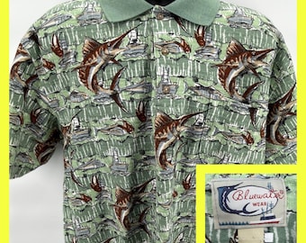 Polo VTG Bluewater Wear talla L con estampado integral de pesca de atún marlín. Hecho en EE. UU.