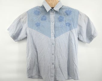 Vintage Western Connection Embroidered Shirt Women Large L Blue Striped Cotton