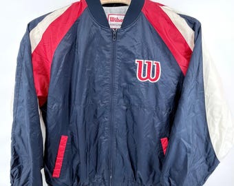 Vintage 90s Wilson Outerwear Nylon Windbreaker Jacket Mens XL Navy Red Spellout