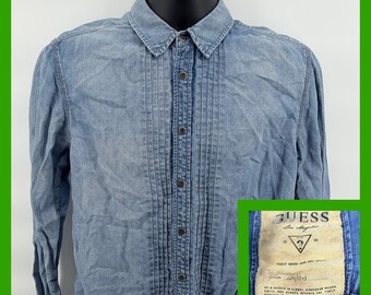 Camisa vaquera vintage Guess Los Angeles para hombre, talla M, con pliegues frontales, estilo esmoquin, azul, manga larga
