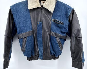 Fai Buckskin Bomber Jacket Mens L Blue Black Leather Denim Sherpa Mixed Media