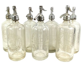 Vintage Clear Seltzer Bottles with Etched Glass