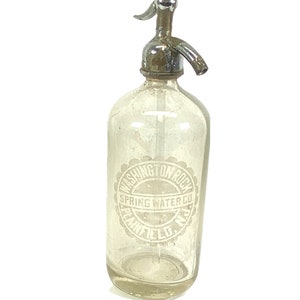 Vintage Clear Seltzer Bottles with Etched Glass D: Washington Rock