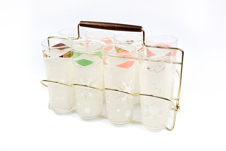 Vintage Glasses Set with Metal Caddy Rack image 1