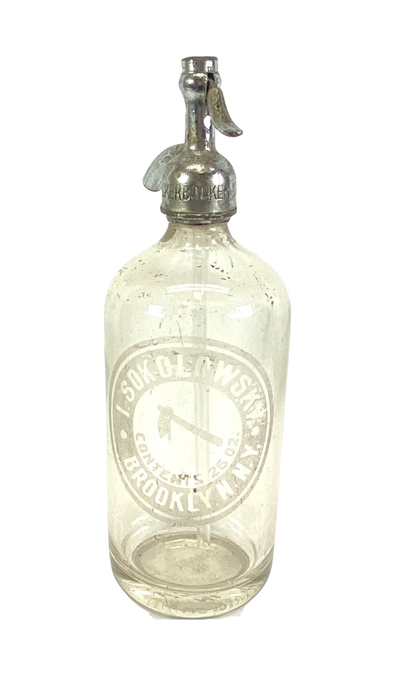 Vintage Clear Seltzer Bottles with Etched Glass E: I. Sokolowsky